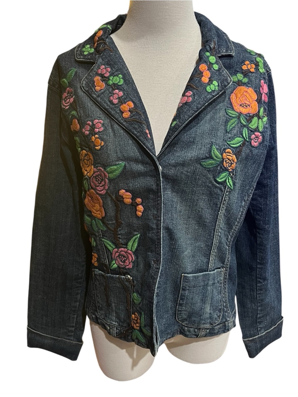 Embroidered Denim Jacket Floral Boho Blue Jean Coat Women’s size 14